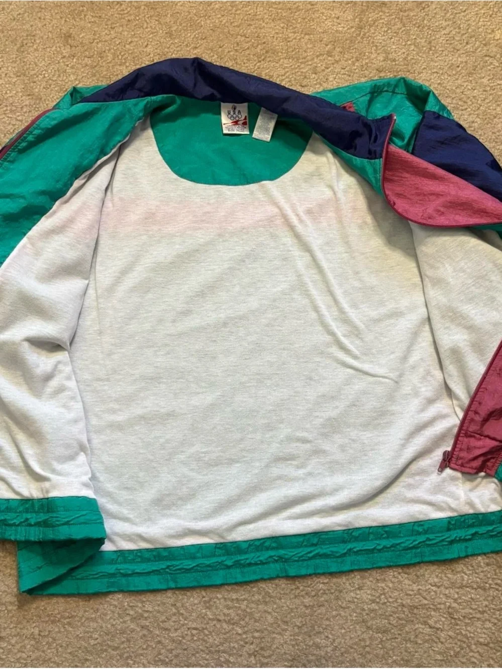 Vintage 90s JCPenney Teal, Pink and Navy Colorblock Bomber Jacket